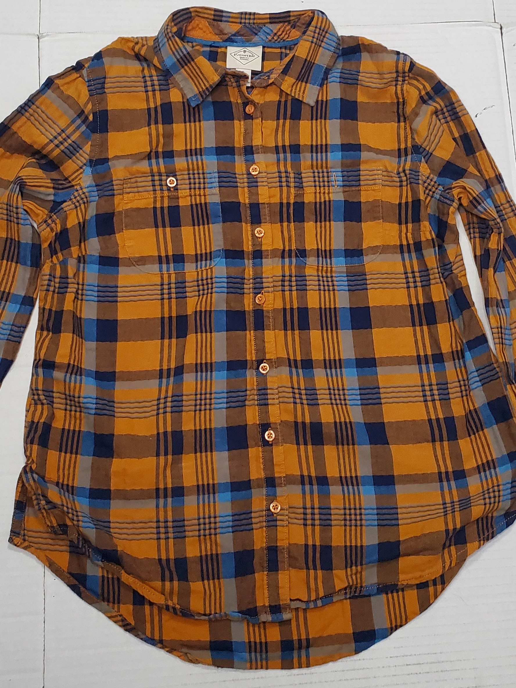 St. John's Bay Orange, Blue & Brown Plaid Button-Down Shirt S